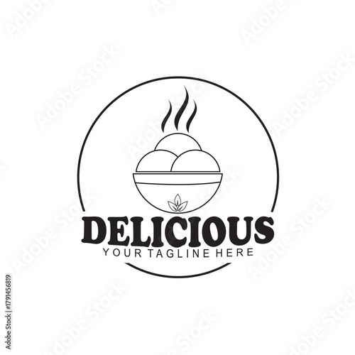 vector logo of meatballs in a black bowl decorated with smoke
