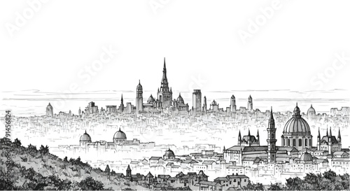 Distant cityscape sketch with layered towers emerging from hazy atmosphere above wide open horizon.