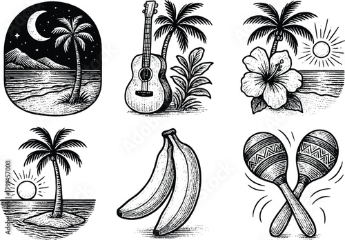 Hand-drawn tropical vintage illustration set with palm trees guitar hibiscus banana maracas and beach scenes