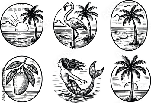 Hand-drawn tropical vintage illustration set with sunset palm trees flamingo mango branch and mermaid ocean scene