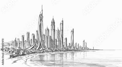 Futuristic coastal city sketch with tall narrow towers rising along curved shoreline in clean monochrome line style.