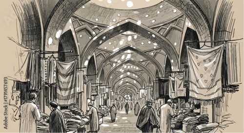 Decorative indoor market arcade sketch with patterned arches, hanging fabrics and atmospheric architectural detailing.