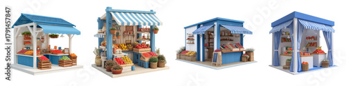 Adorable miniature market stalls brimming with fresh produce and charm, perfect for a delightful, whimsical design or a touch of playful creativity, originally a scalable graphic