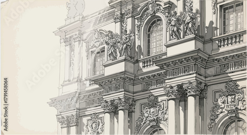 Detailed architectural façade sketch featuring ornate classical columns, sculpted reliefs and layered decorative stonework.