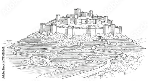Monochrome sketch of rounded plateau city featuring layered circular terraces and compact architectural blocks.