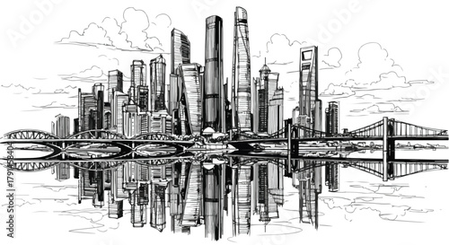 Reflective skyline sketch with tall modern towers mirrored across calm water surface creating symmetrical urban composition.