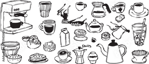 Coffee and Tea Doodle Collection | Hand-Drawn Sketch of Coffee Makers, Teapots, Cups and Accessories for Cafe Menu, Drink Recipes and Food Illustrations