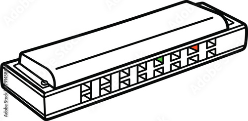 Harmonica line drawing, black and white sketch, musical instrument, isolated vector, highlighted holes, educational diagram, wind instrument, minimal art