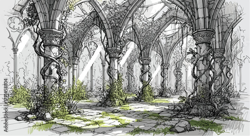 Ancient stone hall sketch with tall arches, overgrown vines and dappled light filtering across worn tile floor.