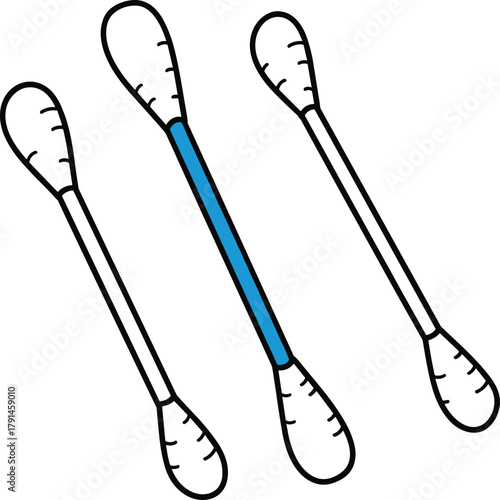 Cotton swabs vector, double tip design, blue stick center, white sticks, hygiene item, medical tool, clean concept, minimal illustration