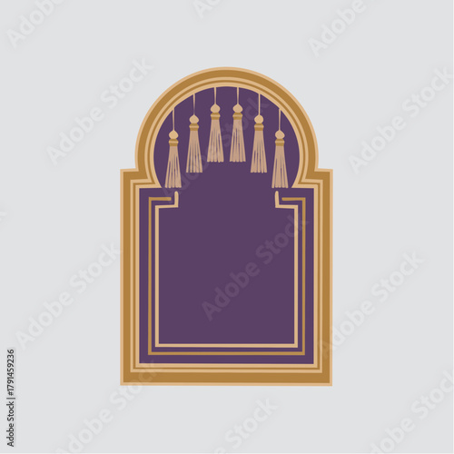 Elegant Islamic Prayer Niche with Tassels and Golden Frame.
