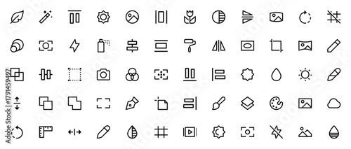 Design Tools icon set. Photo Editing vector icons. Faturing Quill, Magic Wand,Crop, Brush, Layers, Eyedrpper, and more. Editable sroke.