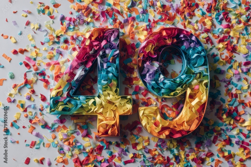 Fototapeta premium Bright Colorful Number 49 Surrounded by Vibrant Confetti Decoration