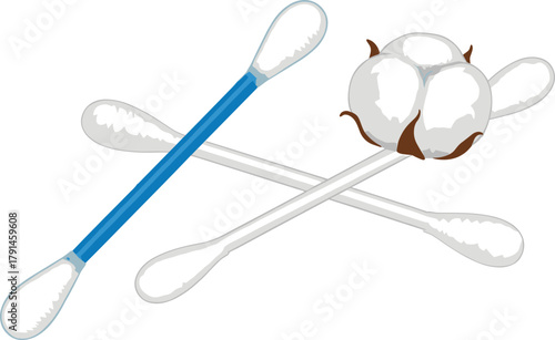 Cotton swabs and boll, hygiene product, blue stick, white stick, natural fiber, clean tool, medical item, vector illustration