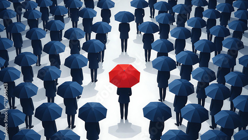 Be a standout leader and step out of the crowd with a vibrant red umbrella among the navy blue, symbolizing individuality, boldness, and unique vision