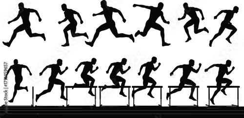 Running silhouette, hurdling motion, athletic sequence, sports training, sprint posture, hurdle jump, track athlete, dynamic movement, fitness form, biomechanics study
