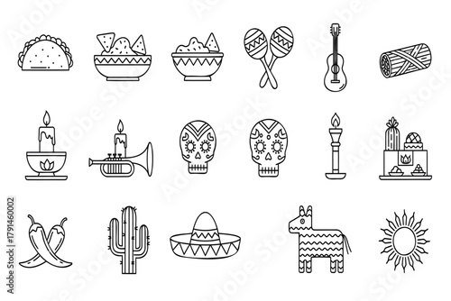 Vibrant Mexican fiesta icons celebrate culture, food, and tradition with festive flair