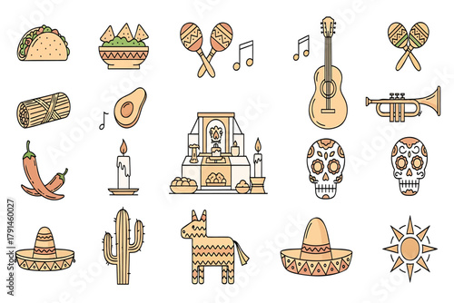 Vibrant Mexican cultural icons celebrate fiesta and tradition with festive food and music elements