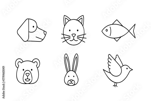 Charming line art collection featuring playful animal icons for kids and pets