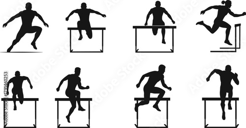 Hurdling silhouette, athletic motion, sports sequence, dynamic movement, track training, jumping technique, fitness action, sprint posture, motion study, biomechanics frame
