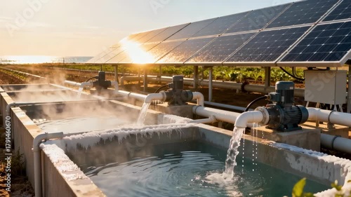 Medium shot of solarpowered desalination unit gently purifying seawater turning saltwater into usable irrigation supply under bright sunlight.