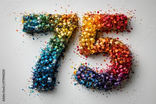Colorful Shredded Paper Number 75 in Rainbow Design on White Background