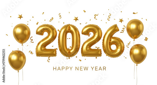 Happy new year 2026 golden balloons