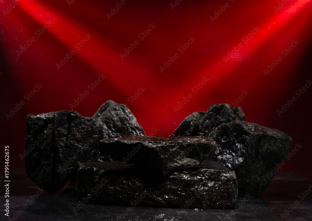 Fototapeta premium Dark red podium backdrop for cosmetics product presentation made of natural stones with texture