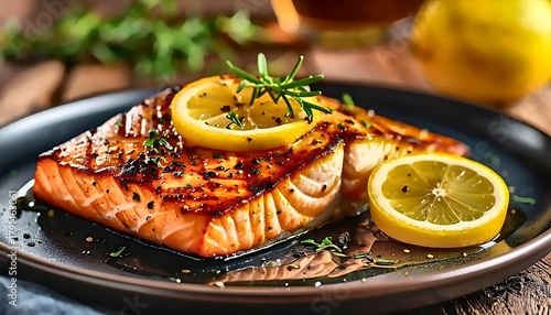 Fototapeta Naklejka Na Ścianę i Meble -  Grilled Salmon Steak with Lemon and Rosemary on Dark Plate, Close-Up