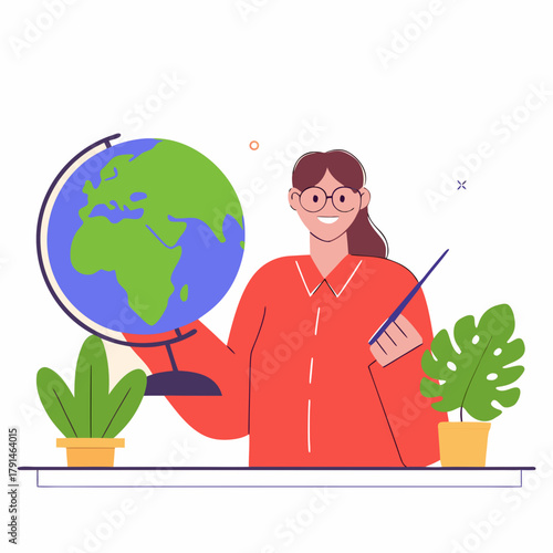 Woman teacher holding globe and pointing during lesson