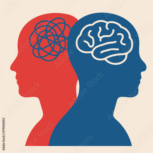 Two Head Silhouettes One with Tangled Lines and the Other with a Clear Brain Representing Mental States