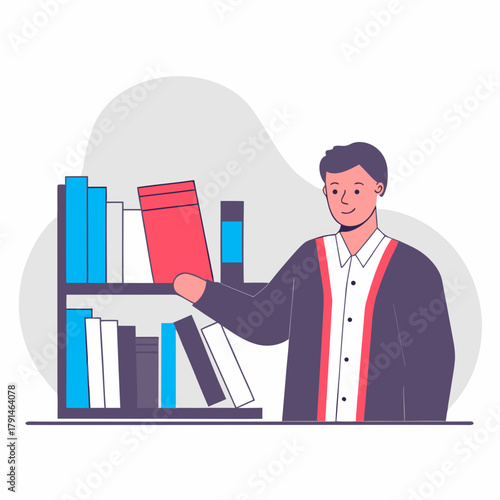 Man arranging books in a library illustration