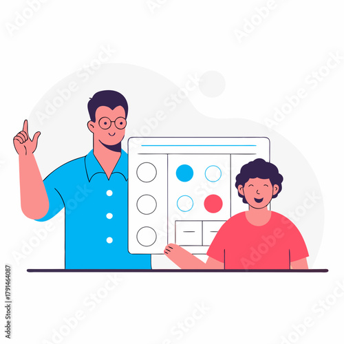 Teacher showing visual aids to a young student in the classroom