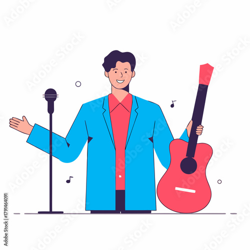 Smiling man with guitar and microphone ready to perform