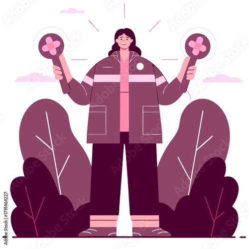 Woman paramedic holding defibrillator paddles ready for treatment