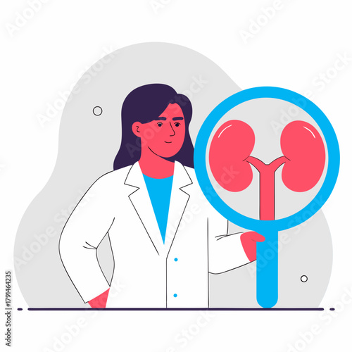 Female doctor examining kidney with magnifying glass illustration
