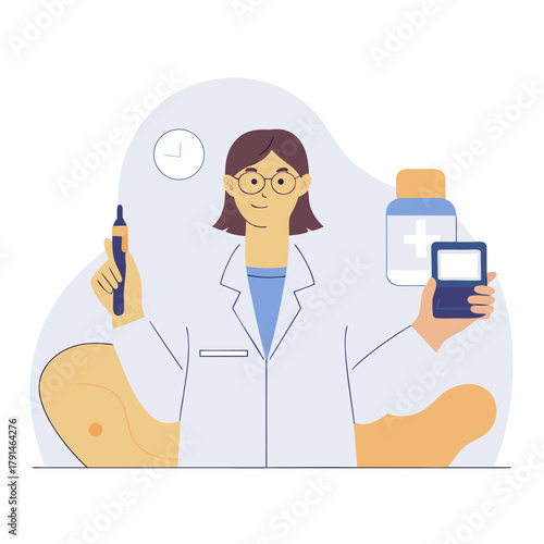 Doctor in lab coat holding insulin pen and glucose meter