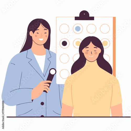Optometrist in blue coat testing eyes of patient during examination