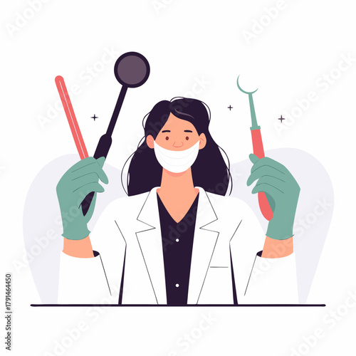 Woman dentist with dental tools in hands with medical mask