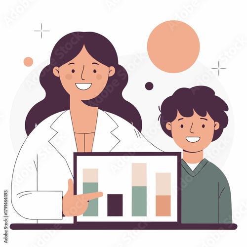 Smiling pediatrician showing chart to happy child
