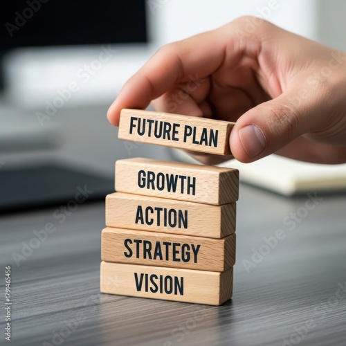 hand holding a wooden board with a word future plan, growth, action, vision,  strategy