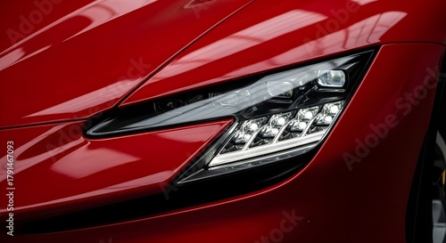 Close-up of a red Ferrari SF90 Stradale headlight.