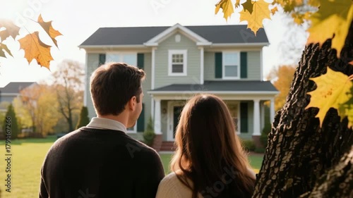 First time homebuyer loan concept. Couples Happiness New Home Journey Under Autumn Trees with Leaves, Excitement of First Time Homebuyer Loan