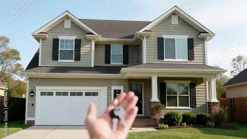 First time homebuyer loan concept. Excitement of First Time Homebuyer Hand Holds Keys to New House, Symbolizing Real Estate Loan Purchase