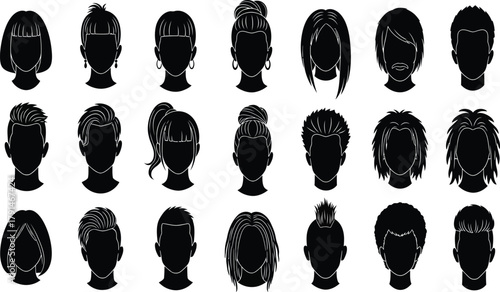 Hairstyle silhouette icons set, diverse male and female haircuts and updos, black vector avatar heads for salon, fashion, and profile designs.