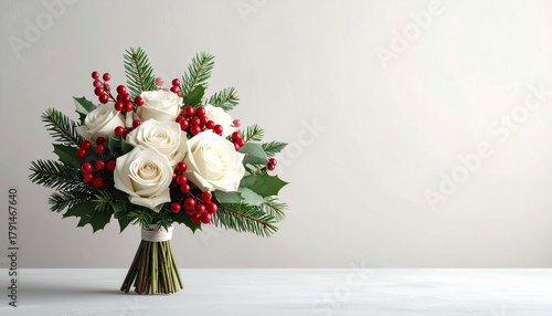 白いバラと赤い実の祝祭ブーケ｜冬の植物構成・ミニマリスト・4Kリアリスティック
