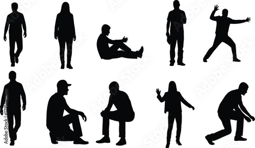 People silhouette poses set, walking, sitting, pointing, crouching and standing figures, human actions collection, simple black vector illustration on white