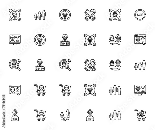 Market Research icon set. Vector illustration. Inclues symbols for target audince, age group, analytics,youth, adult, middle age, rowing up and more. Editabe stroke.