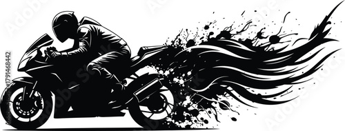 Racing motorcycle rider silhouette with dynamic speed trails, grunge ink splash motion, fast sport bike illustration, black vector motorsport concept