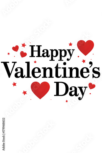 Happy Valentine’s Day Typography with Red Hearts and Stars – Romantic Love Greeting Design on Transparent Background